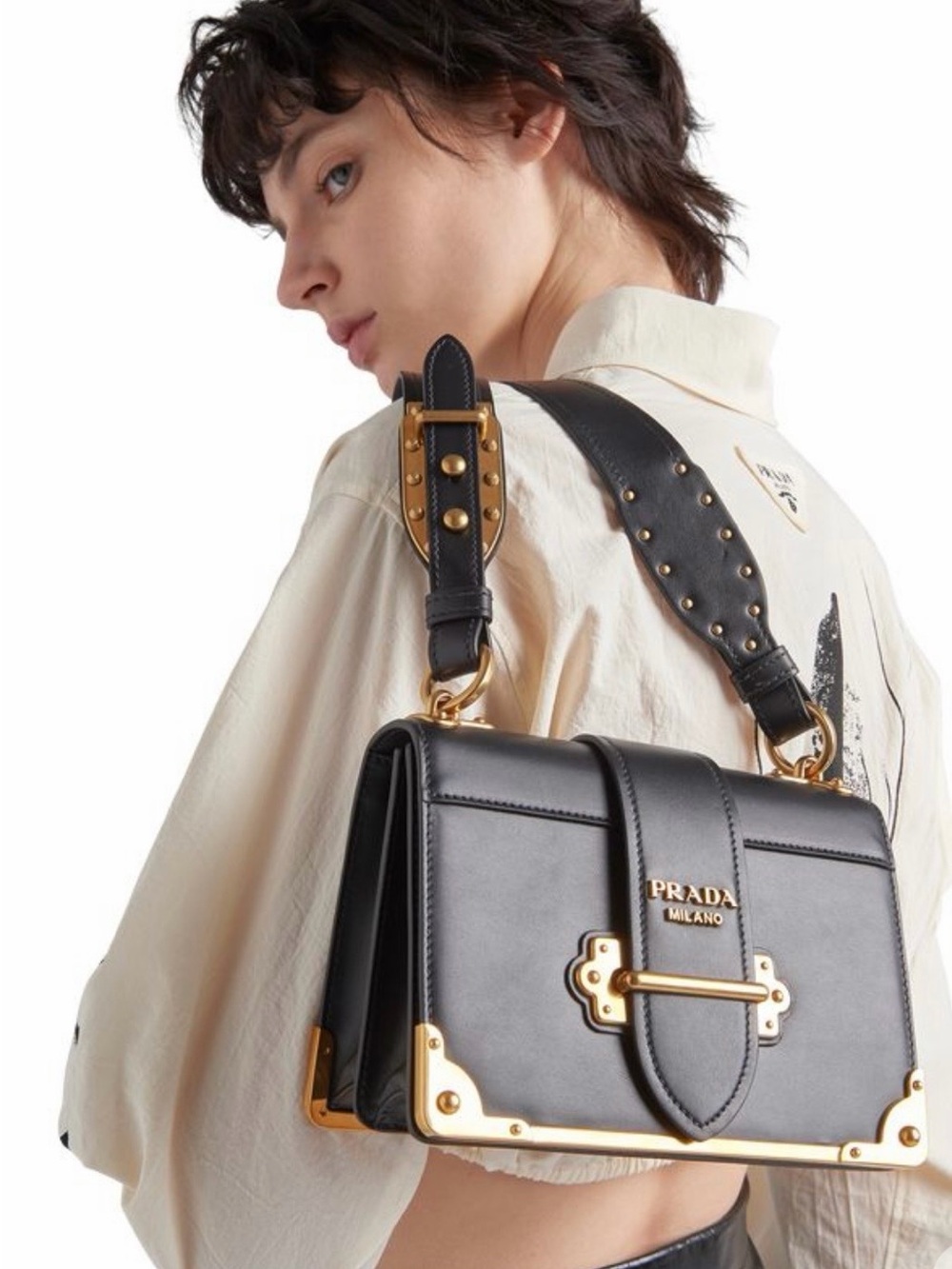 Prada Black Leather Shoulder Bag with Gold Hardware and Studded Strap